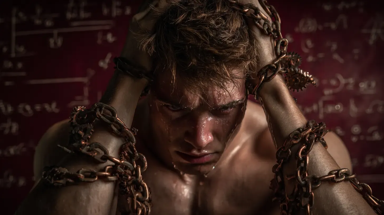 Adolescent gymnaste enchaîné par des mécanismes d'horlogerie en laiton, symbolisant la pression psychologique du sport de haut niveau. Esthétique steampunk gothique avec éclairage dramatique.